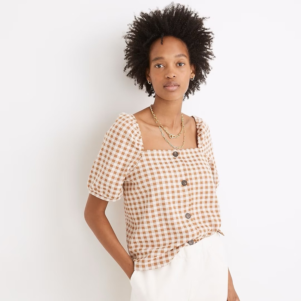 Madewell Gingham Jacquard Square-Neck Puff-Sleeve Top